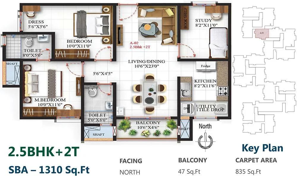SBR One Residence 2.5 BHK floor plan, about 1,310 sq ft