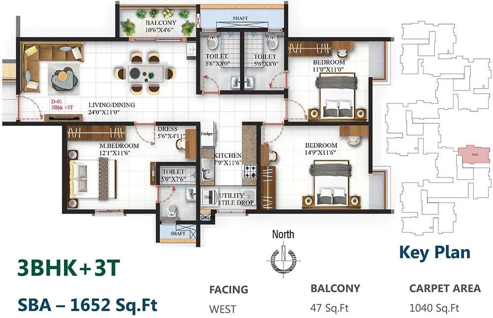 SBR One Residence 3 BHK floor plan, about 1,652 sq ft