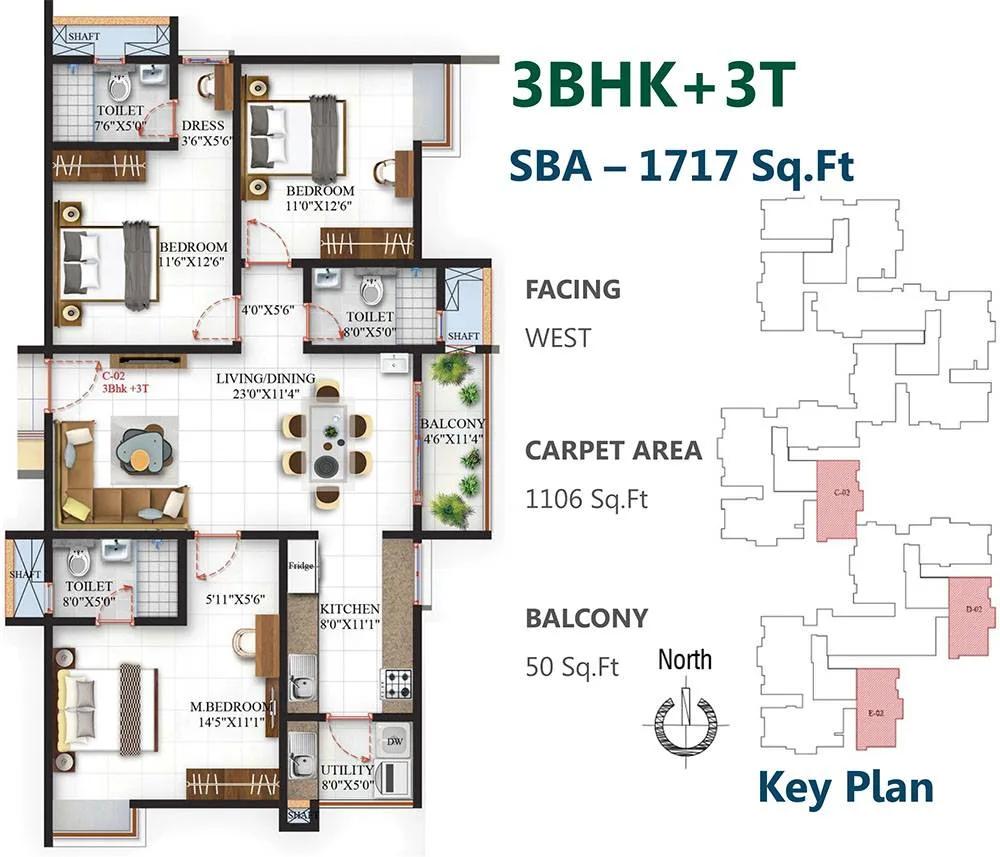 SBR One Residence 3 BHK floor plan, about 1,717 sq ft