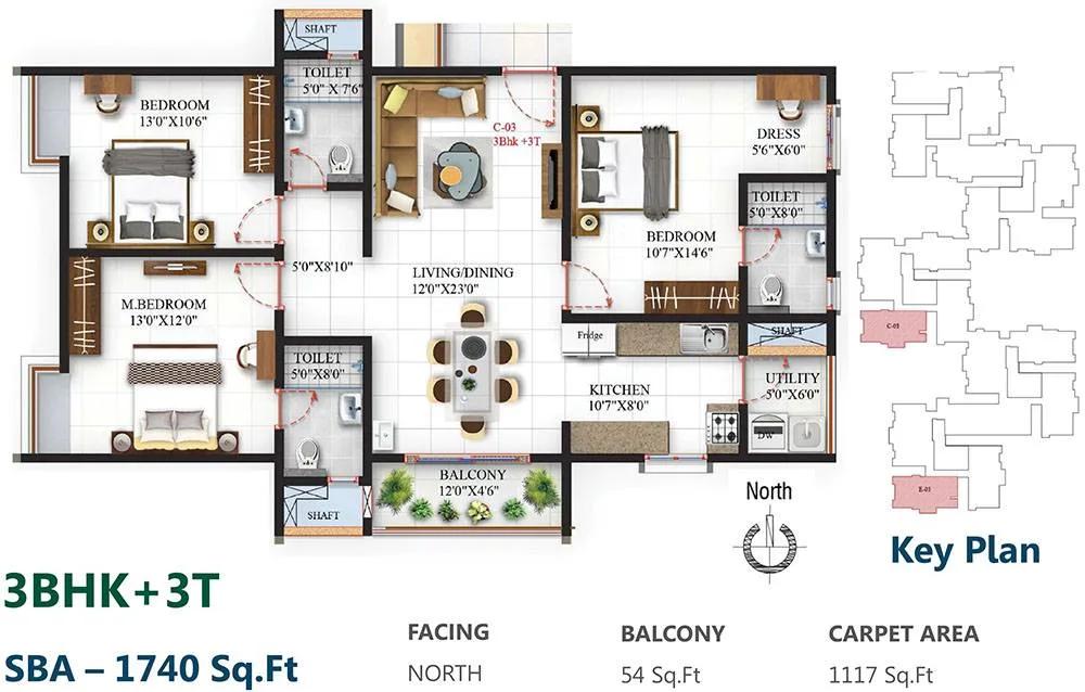SBR One Residence 3 BHK floor plan, about 1,740 sq ft