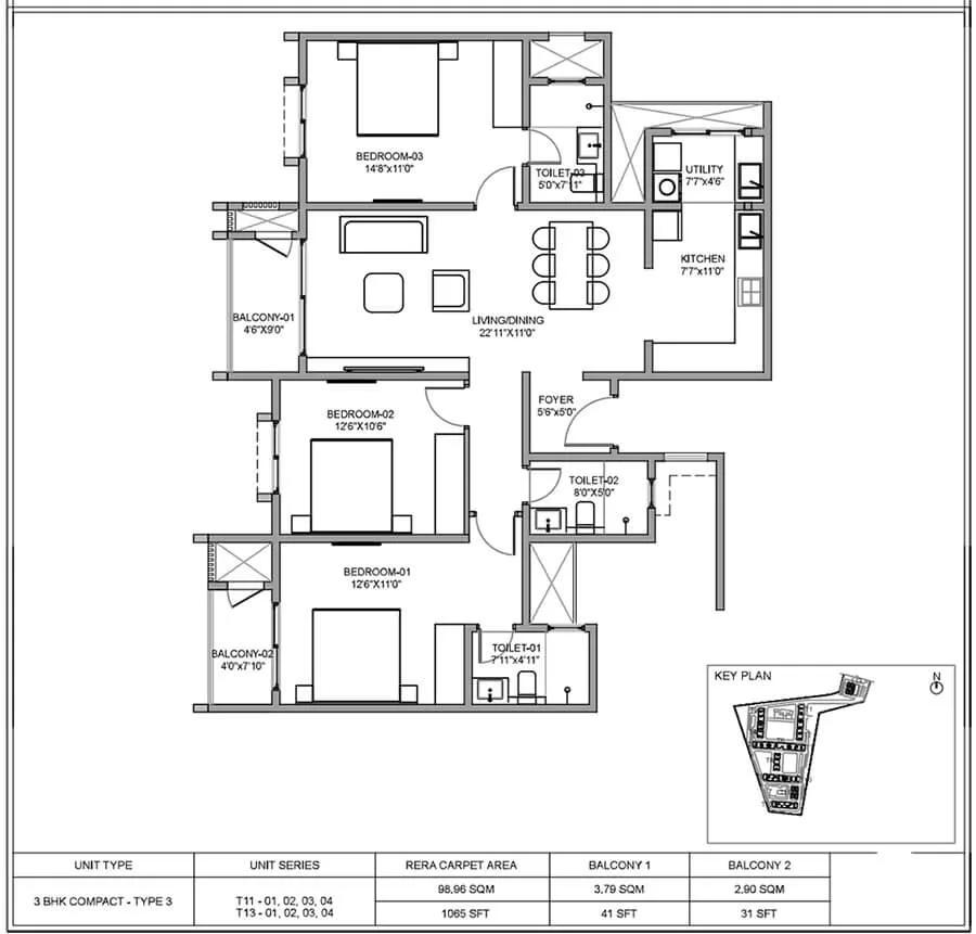 Birla Sarjapur Apartments 3 BHK floor plan, about 1,065 sq ft
