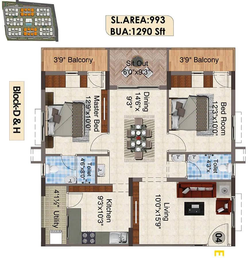 SNR The Elite 2 BHK floor plan, about 1,290 sq ft