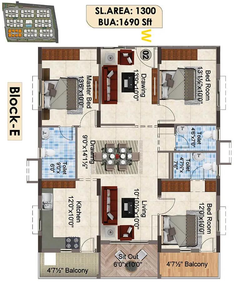 SNR The Elite 3 BHK floor plan, about 1,690 sq ft