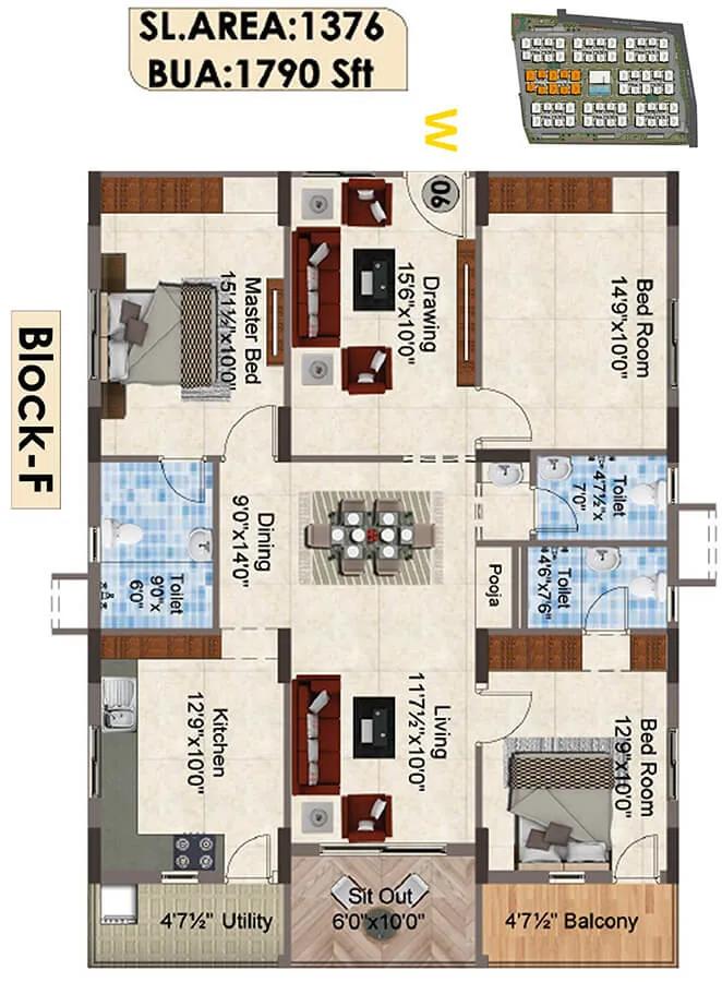 SNR The Elite 3 BHK floor plan, about 1,790 sq ft