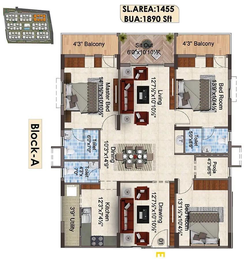 SNR The Elite 3 BHK floor plan, about 1,890 sq ft