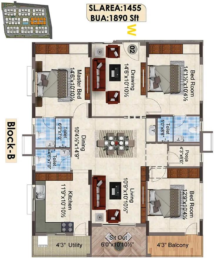 SNR The Elite 3 BHK floor plan, about 1,890 sq ft