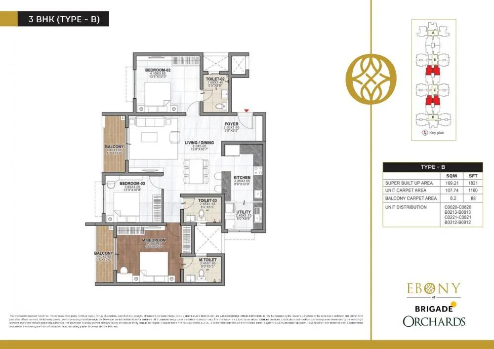 Brigade Orchards Ebony 3 BHK floor plan, about 1,821 sq ft