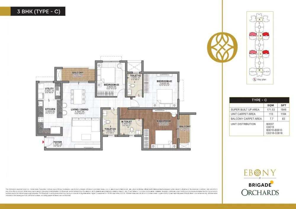 Brigade Orchards Ebony 3 BHK floor plan, about 1,846 sq ft