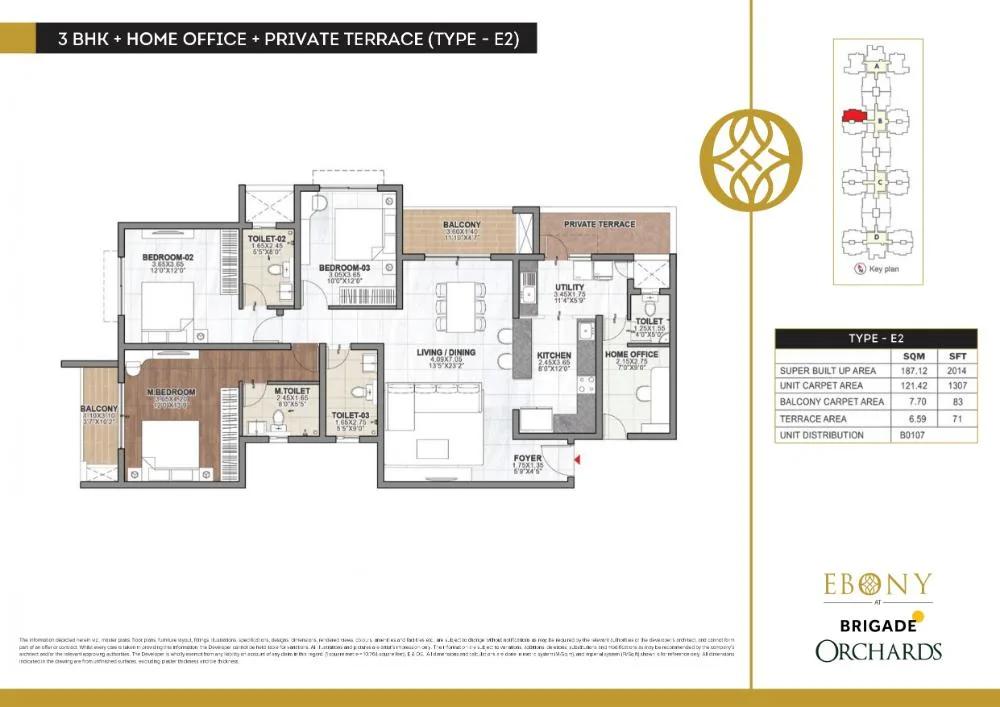 Brigade Orchards Ebony 3 BHK floor plan, about 2,014 sq ft