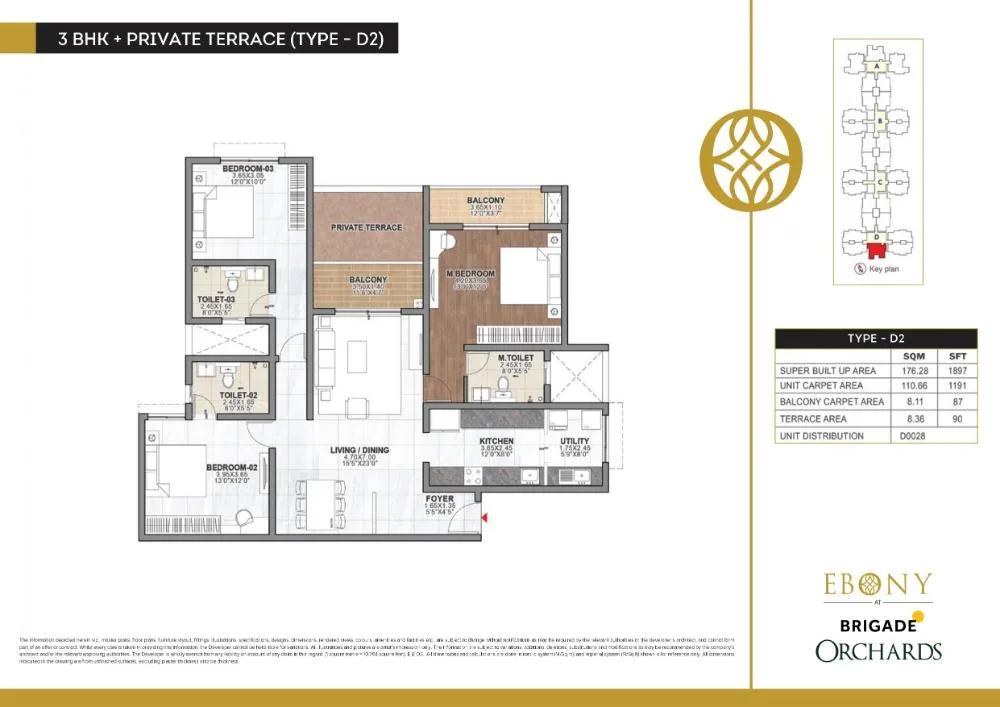 Brigade Orchards Ebony 3 BHK floor plan, about 1,897 sq ft