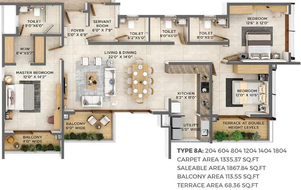 VBHC Aurora 3.5 BHK floor plan, about 1,867 sq ft