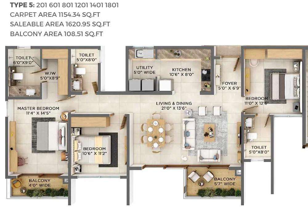 VBHC Aurora 3 BHK floor plan, about 1,620 sq ft