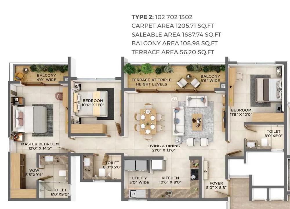 VBHC Aurora 3 BHK floor plan, about 1,687 sq ft