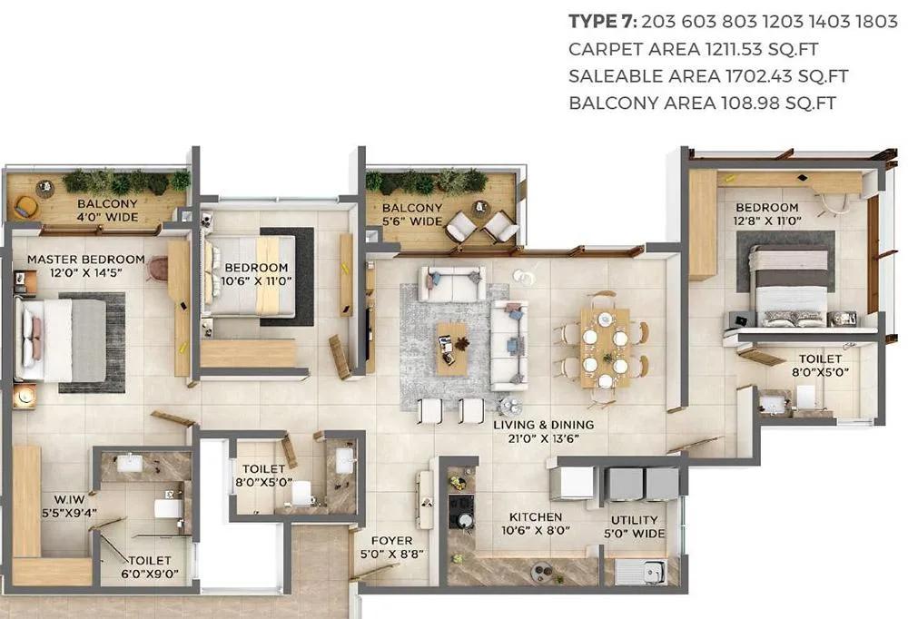 VBHC Aurora 3 BHK floor plan, about 1,702 sq ft