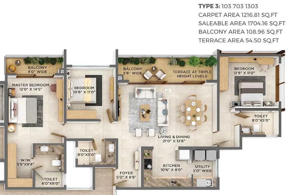 VBHC Aurora 3 BHK floor plan, about 1,704 sq ft