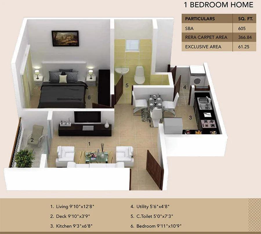 Ramky Fortuna 1 BHK floor plan, about 605 sq ft