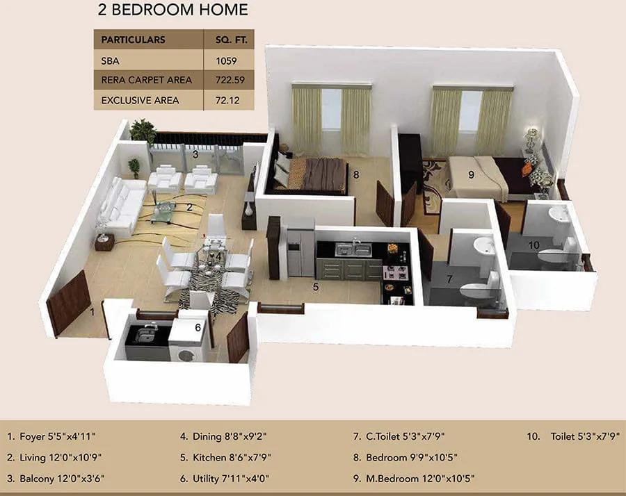Ramky Fortuna 2 BHK floor plan, about 1,059 sq ft