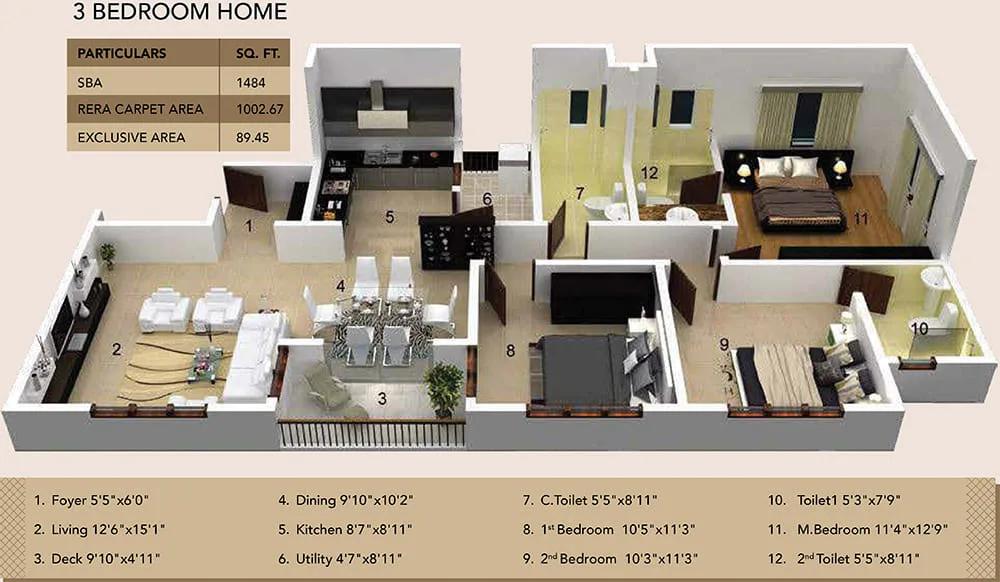 Ramky Fortuna 3 BHK floor plan, about 1,484 sq ft