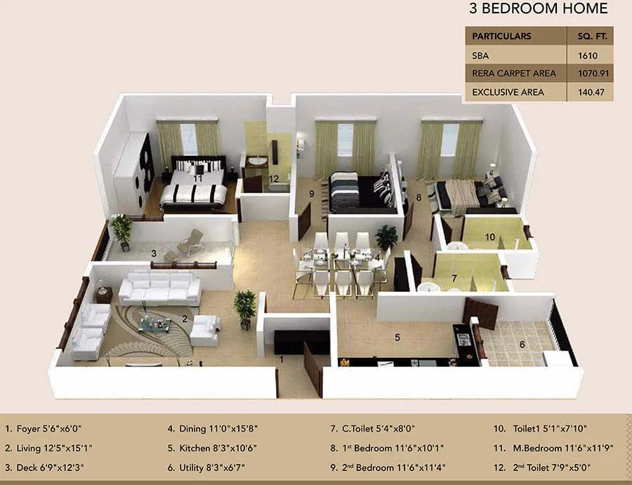 Ramky Fortuna 3 BHK floor plan, about 1,610 sq ft
