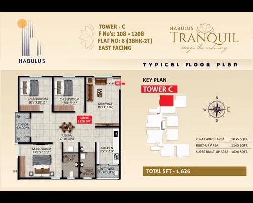 Habulus Tranquil 3 BHK floor plan, about 1,626 sq ft