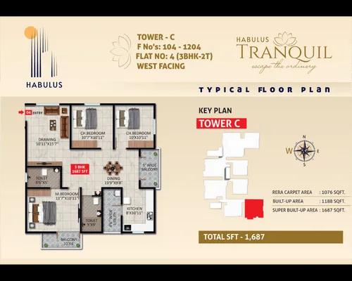 Habulus Tranquil 3 BHK floor plan, about 1,687 sq ft