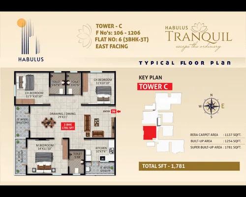 Habulus Tranquil 3 BHK floor plan, about 1,781 sq ft