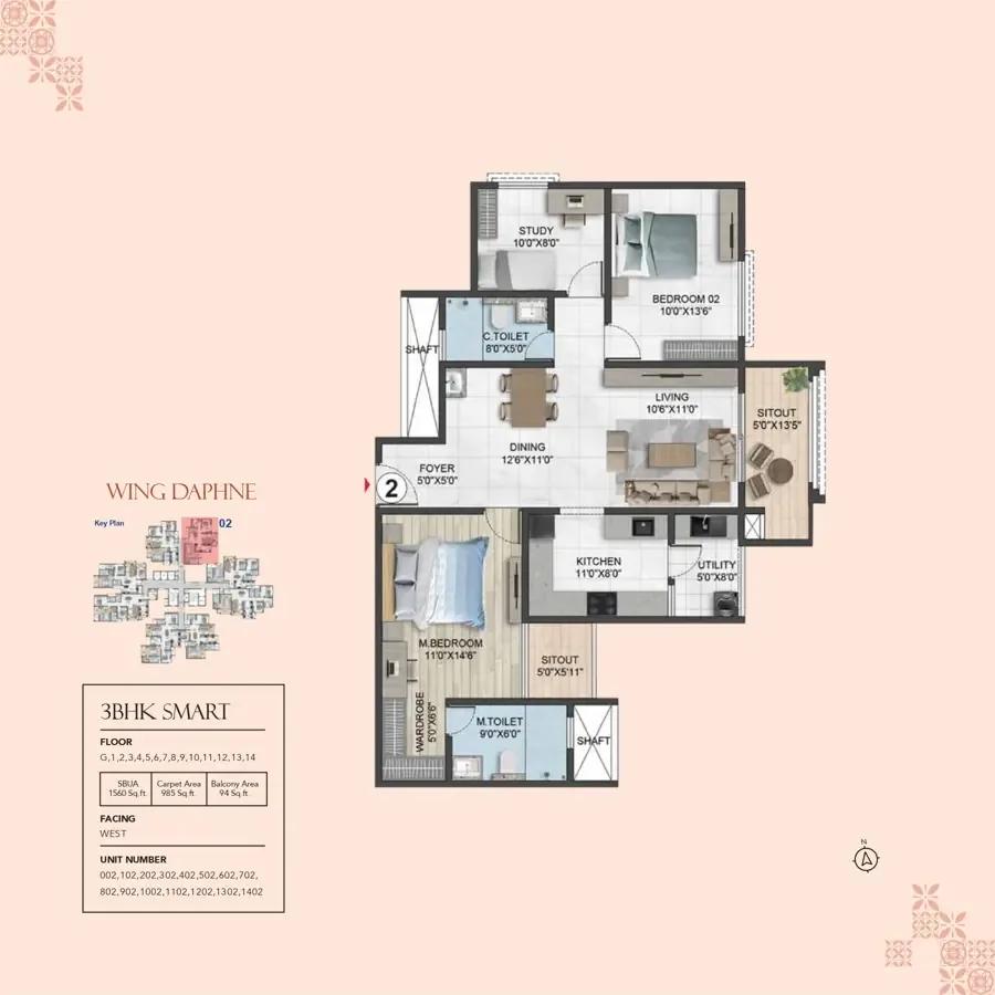Sumadhura Solea 3 BHK floor plan, about 1,560 sq ft