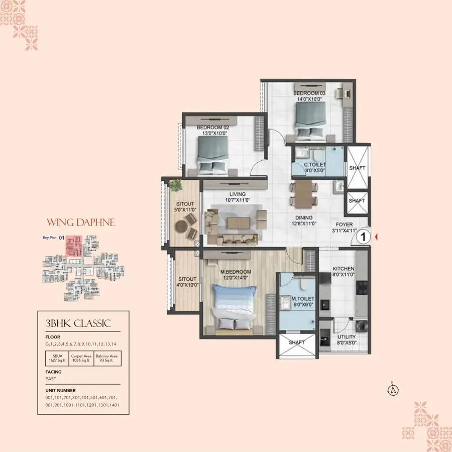 Sumadhura Solea 3 BHK floor plan, about 1,627 sq ft