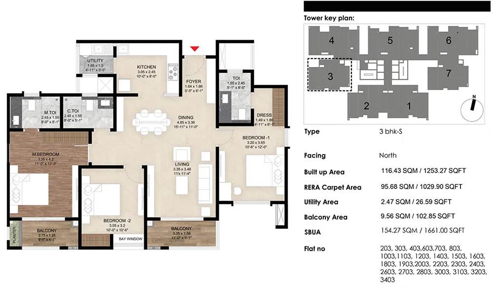 Mana The Right Life 3 BHK floor plan, about 1,253 sq ft