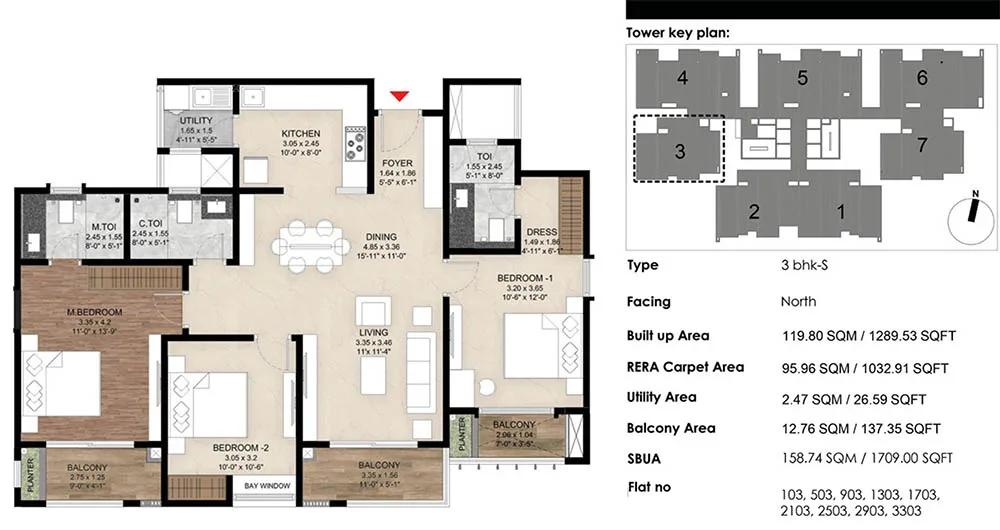 Mana The Right Life 3 BHK floor plan, about 1,289 sq ft