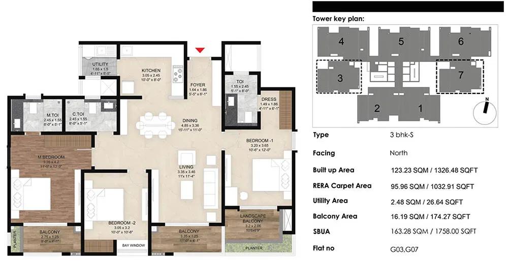 Mana The Right Life 3 BHK floor plan, about 1,326 sq ft