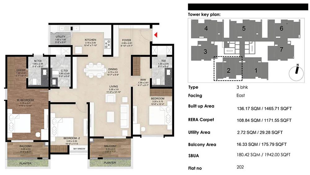 Mana The Right Life 3 BHK floor plan, about 1,465 sq ft