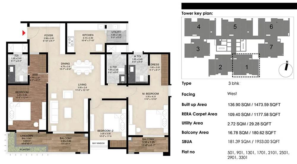 Mana The Right Life 3 BHK floor plan, about 1,473 sq ft