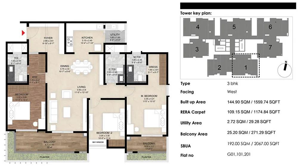 Mana The Right Life 3 BHK floor plan, about 1,559 sq ft