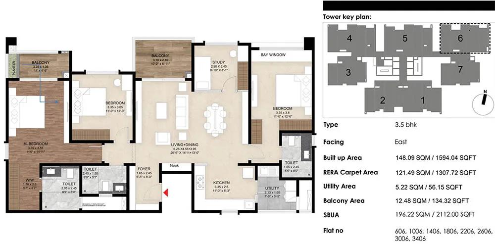 Mana The Right Life 3.5 BHK floor plan, about 1,594 sq ft