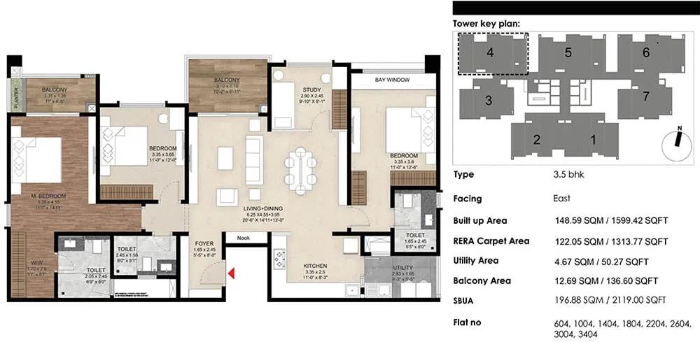 Mana The Right Life 3.5 BHK floor plan, about 1,599 sq ft