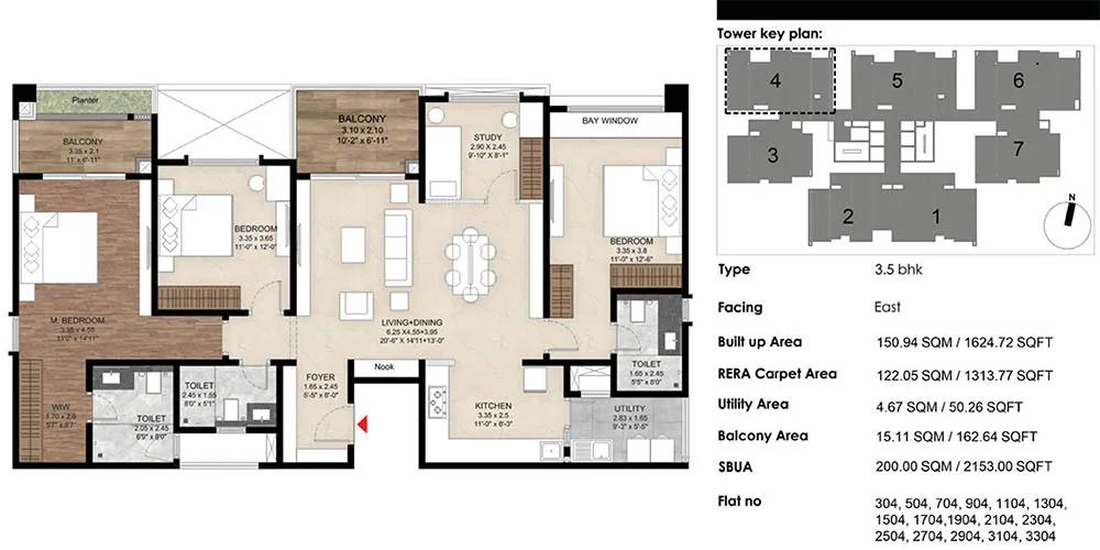 Mana The Right Life 3.5 BHK floor plan, about 1,624 sq ft