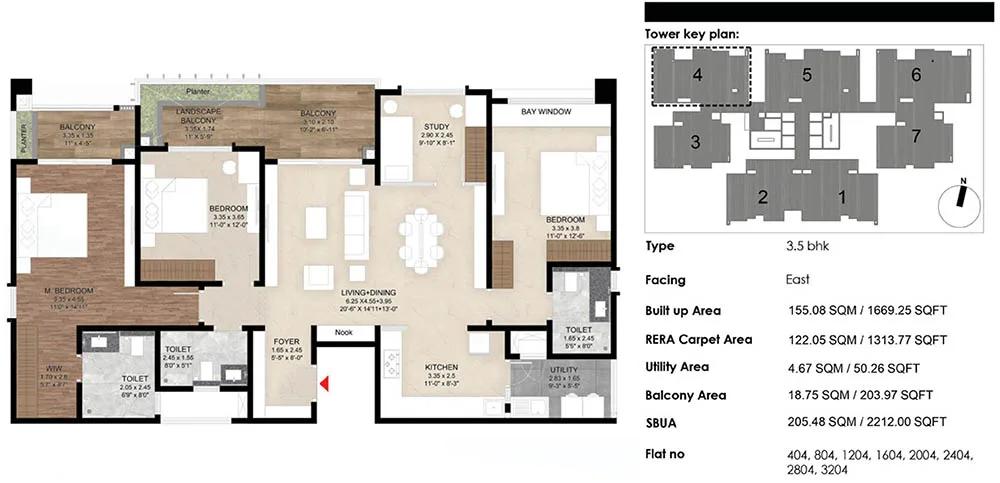 Mana The Right Life 3.5 BHK floor plan, about 1,669 sq ft