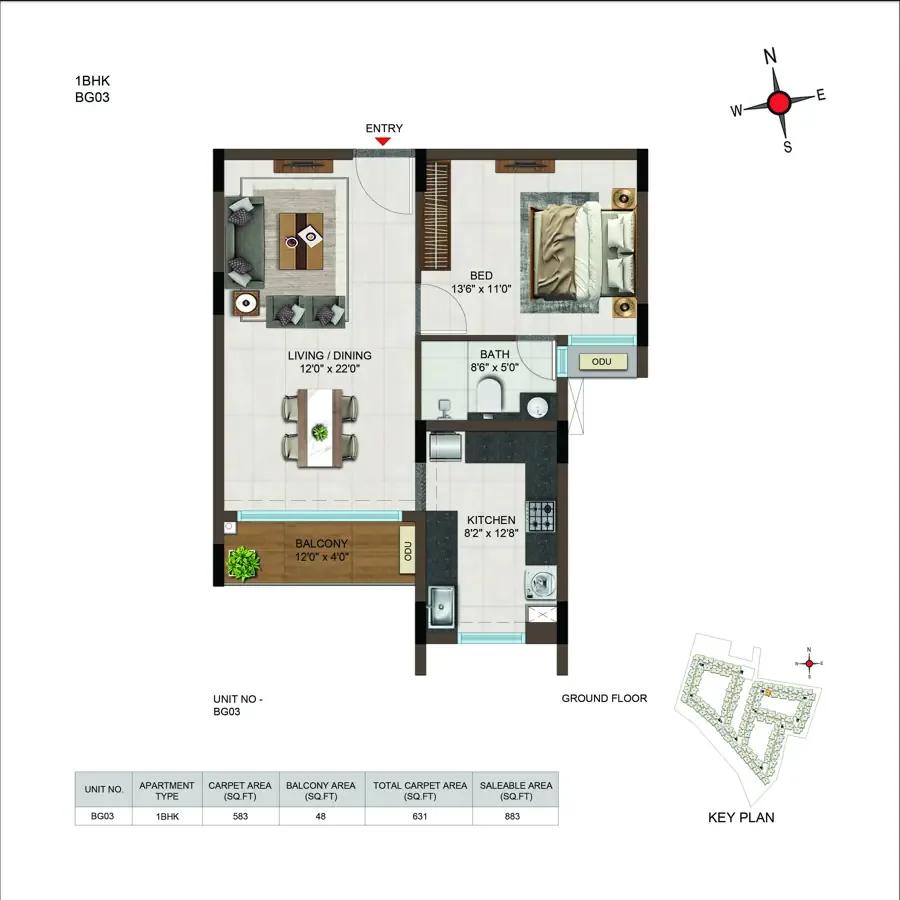 Casagrand Moondance 1 BHK floor plan, about 883 sq ft
