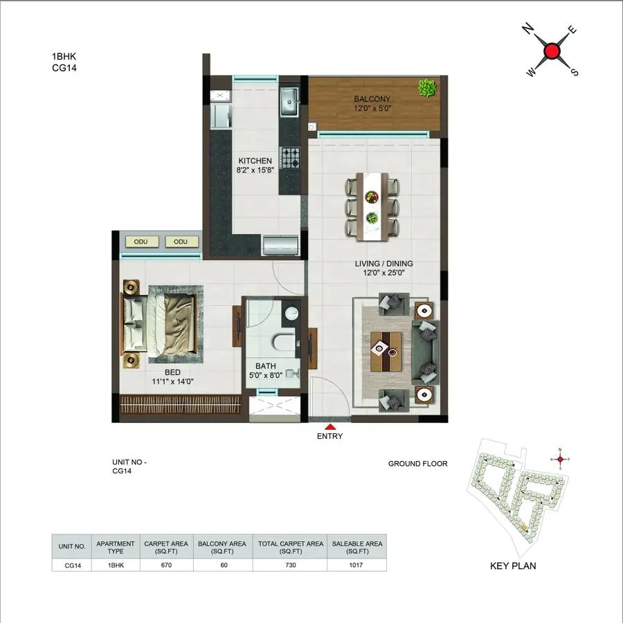 Casagrand Moondance 1 BHK floor plan, about 1,017 sq ft