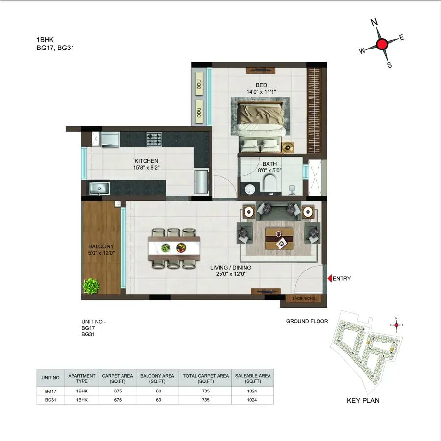 Casagrand Moondance 1 BHK floor plan, about 1,024 sq ft