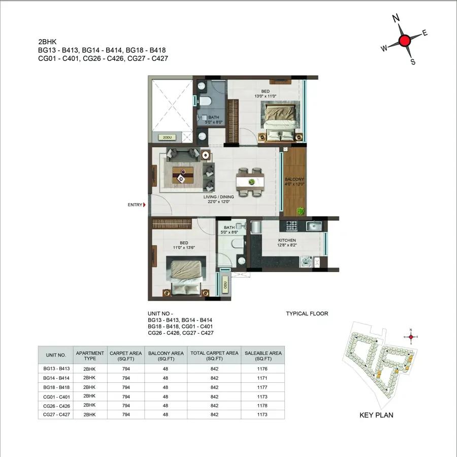 Casagrand Moondance 2 BHK floor plan, about 1,173 sq ft