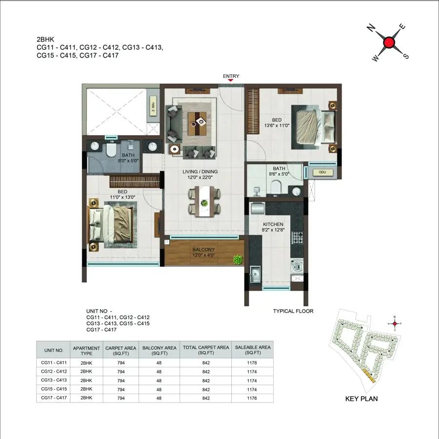 Casagrand Moondance 2 BHK floor plan, about 1,174 sq ft
