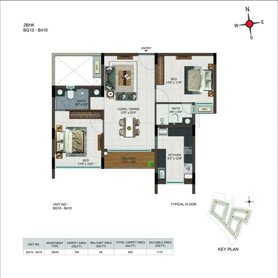 Casagrand Moondance 2 BHK floor plan, about 1,175 sq ft