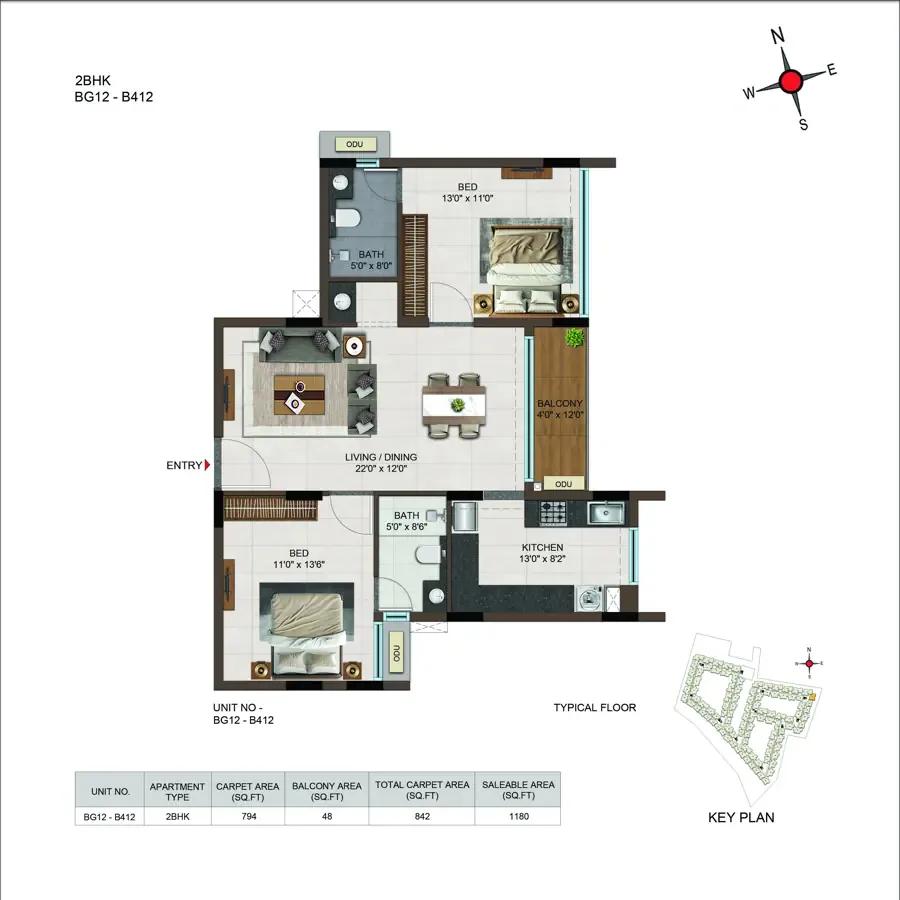 Casagrand Moondance 2 BHK floor plan, about 1,180 sq ft