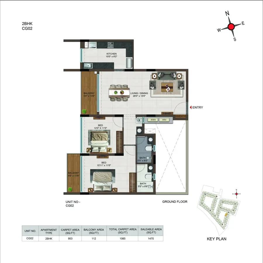 Casagrand Moondance 2 BHK floor plan, about 1,470 sq ft
