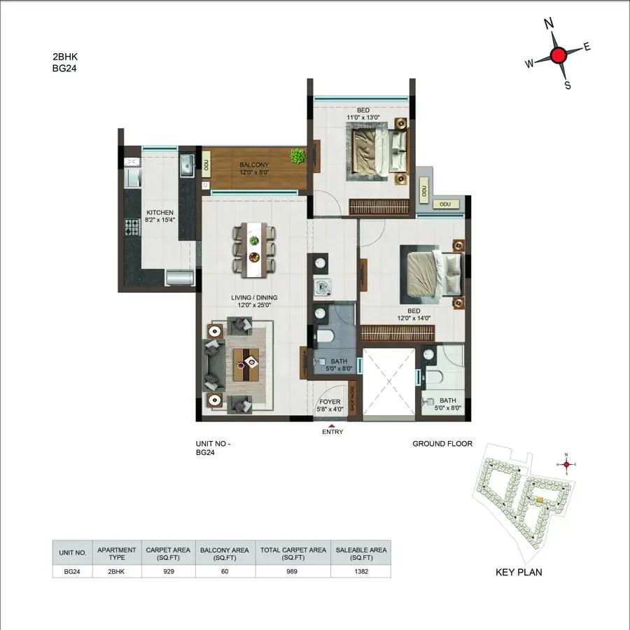 Casagrand Moondance 2 BHK floor plan, about 1,382 sq ft