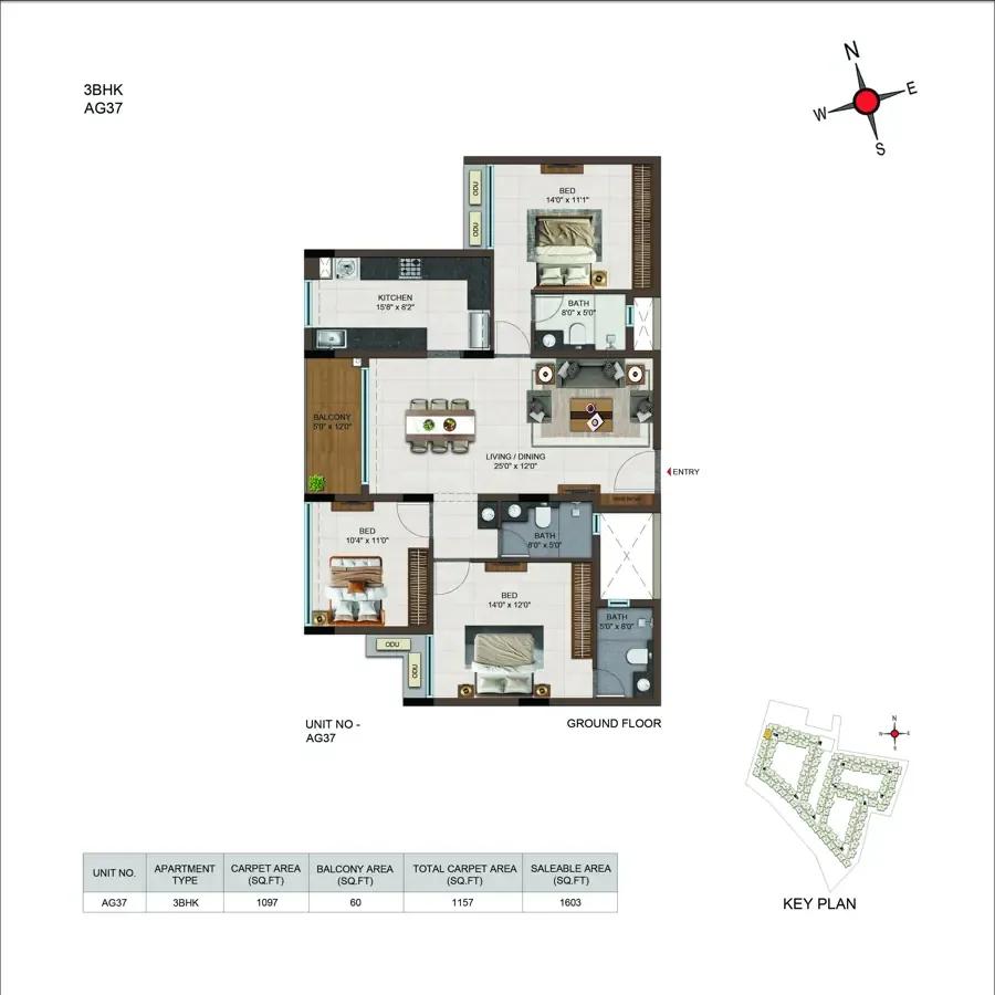 Casagrand Moondance 3 BHK floor plan, about 1,603 sq ft