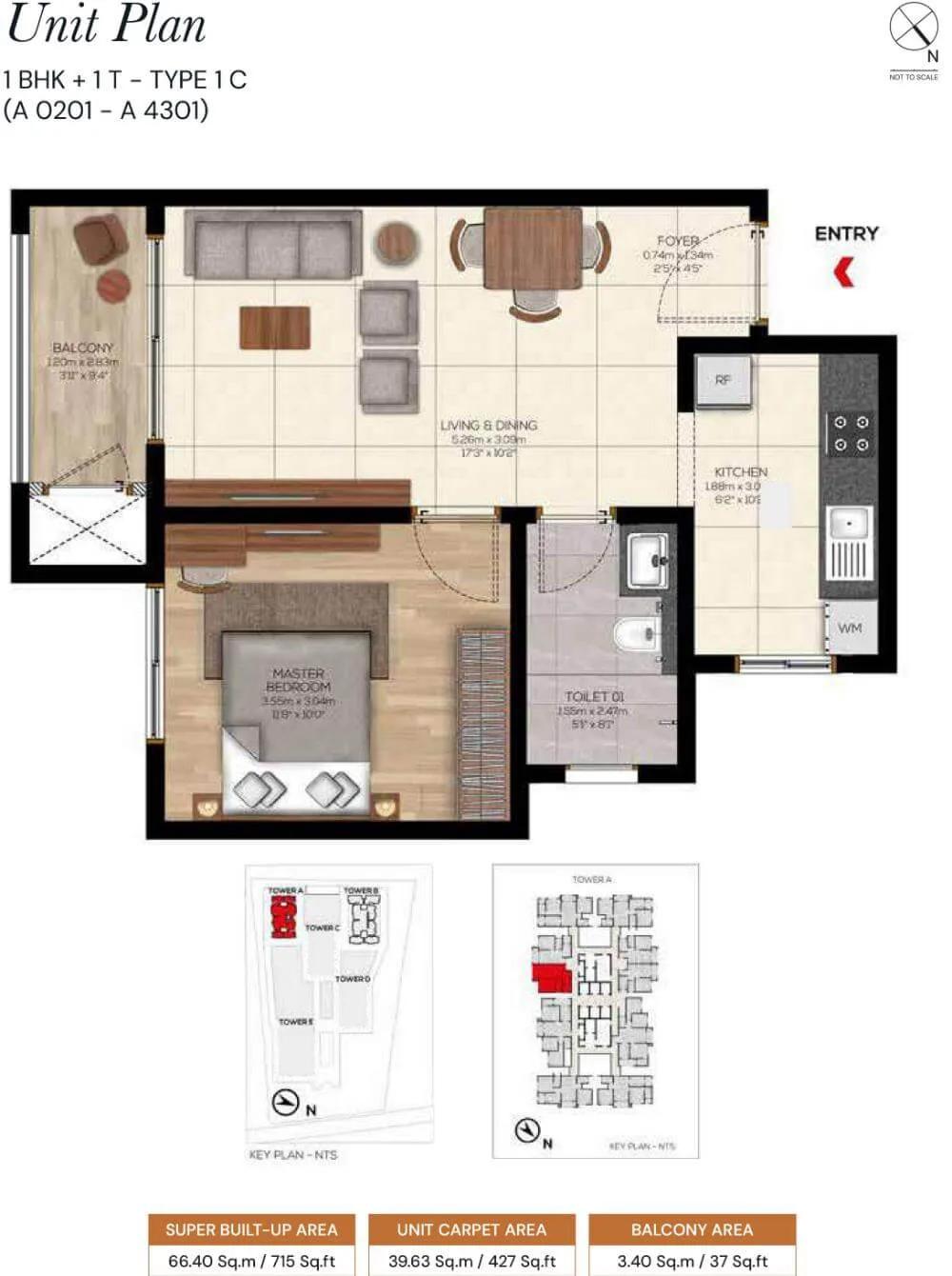 Brigade Belvedere 1 BHK floor plan, about 715 sq ft