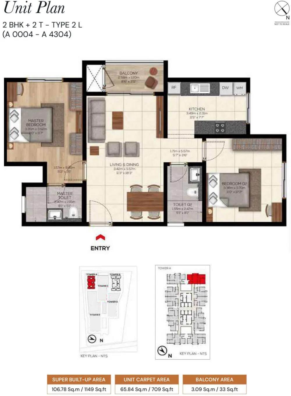 Brigade Belvedere 2 BHK floor plan, about 1,149 sq ft